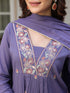 Janasya Women's Purple Pure Cotton Embroidered A-line Kurta Set